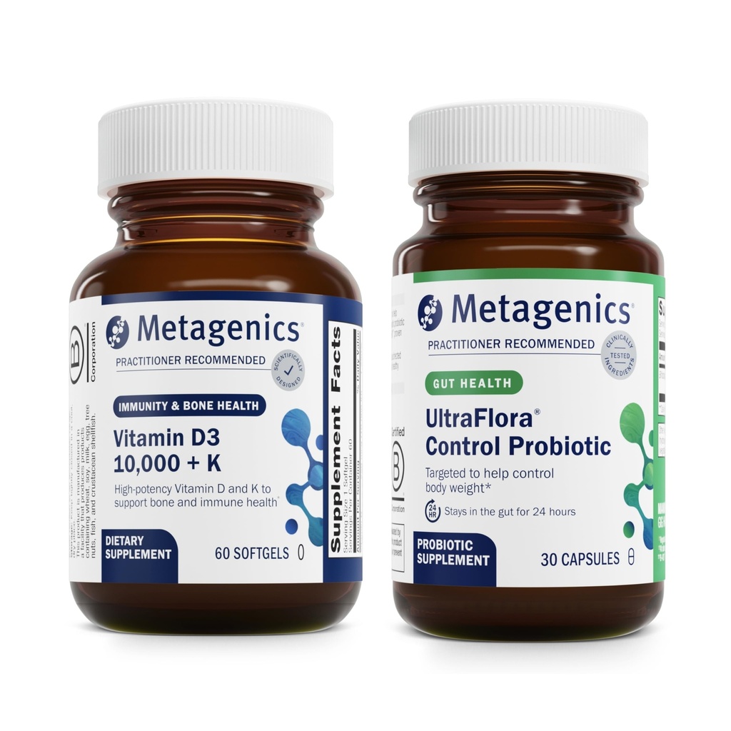 メタジェニックスビタミンD3 10,000 + K (60 Softgels) & UltraFloraコントロールプロバイオティクス(30サービング) - Bone & Heart Healthをサポート - Aids Healthy Bodyコンポジション