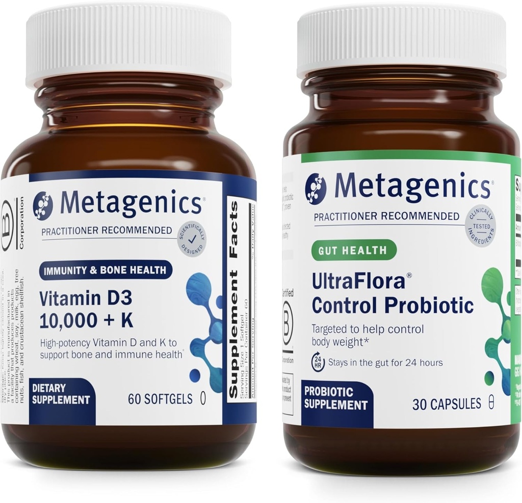 Metagenics Vitamin D3 10,000 + K (60 Softgels) & UltraFlora Control Probiotic (30 Servings) - Supports Bone & Heart Health - Aids Healthy Body Composition