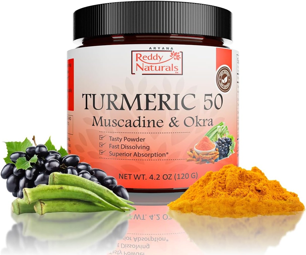 Reddy Naturals Aryana Turmeric 50 - Muscadine Grape & Okraとオーガニックターメリックサプリメントパウダー - 日頃のウェルネスのための植物ベースのフォーミュラ - 30サービング