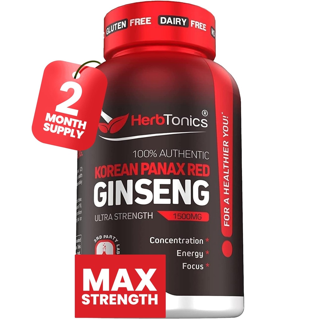 ヘルブトニック韓国赤パナックスGinseng 1500mg - ピーク性能のためのエネルギーサプリメント, 焦点 & 死亡率 - 高い効力のGinsengの根エキス - 120ビーガンカプセル