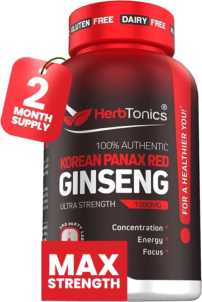 ヘルブトニック韓国赤パナックスGinseng 1500mg - ピーク性能のためのエネルギーサプリメント, 焦点 & 死亡率 - 高い効力のGinsengの根エキス - 120ビーガンカプセル