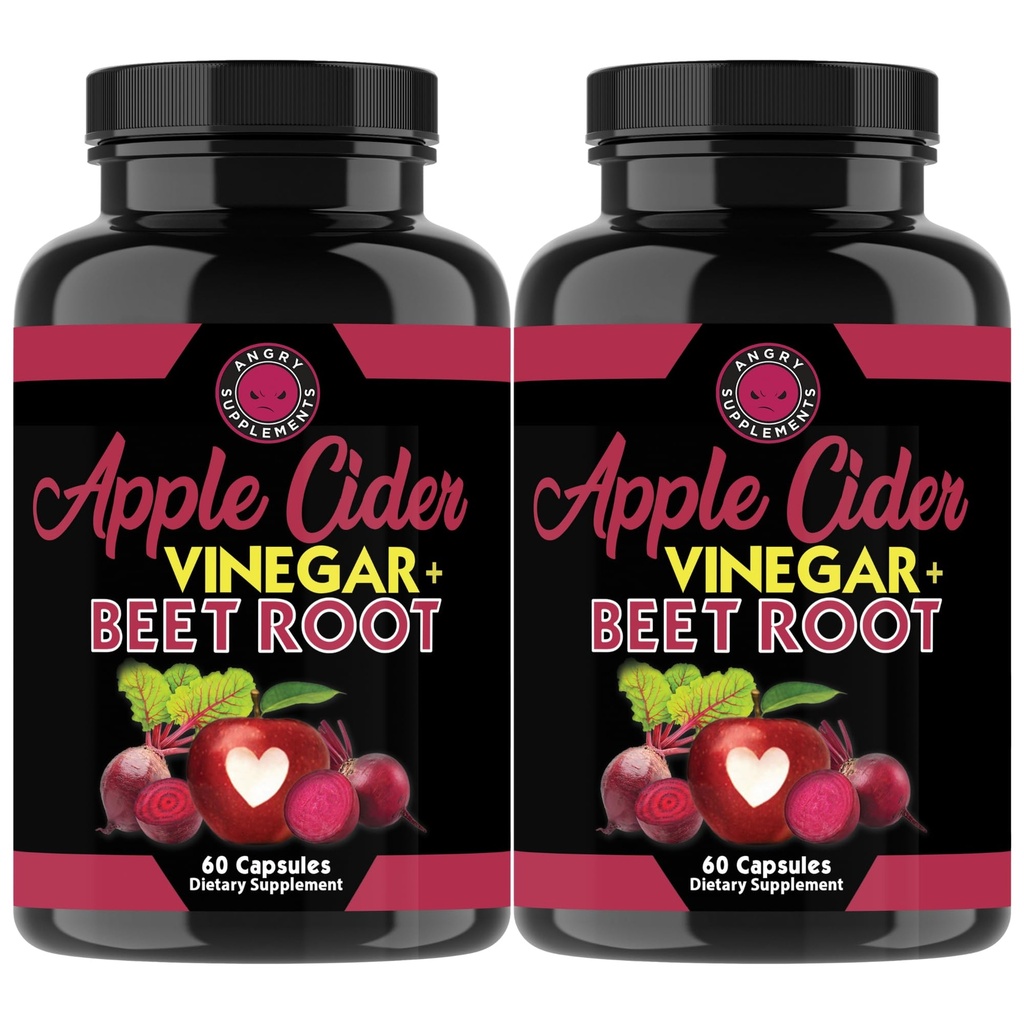 Angry は Apple のサイダーの酢 + ビートの根の粉のカプセル、サービングごとの純粋な ACV のビートルート 1000mg、人および女性 60ct のための Nitric の酸化物ブースター及び消化器の健康、2 のパック(120ct の合計)を補います