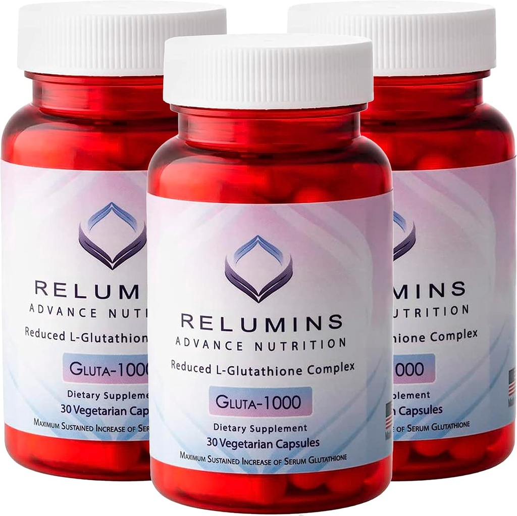 Relumins Advance Nutrition Gluta 1000 - Reduced L-Glutathione, Alpha Lipoic Acid & Rose HIPS, Antioxidant Support for Skin & Overall Wellness, Made in USA - 30 Capsules x 3 Bottles (45-Day Supply)