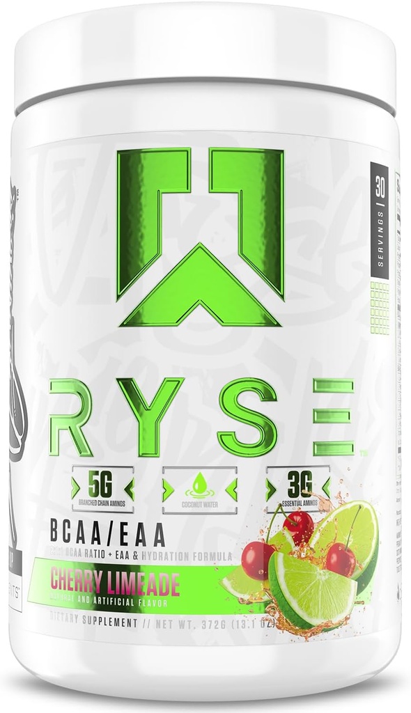 RYSE BCAA EAAの粉-チェリーのLimeade - 5gはチェーン アミノの酸、前及びポストのワークアウト筋肉回復、水和および強さのための3gの精油性アミノ酸、砂糖なしの電解物- 30のサービングを分岐させました