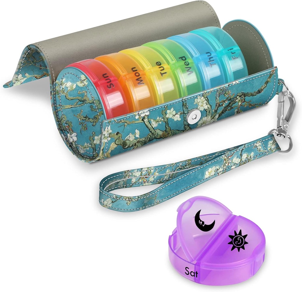 FINPACの丸薬のビタミン ディスペンサーの容器およびホールダー(Blossom)のための7日の薬の心配、円形の薬のビタミン ディスペンサーの容器およびホールダー(Blossom)のためのPUの革箱を運ぶことを用いるFNPACの丸薬のオルガナイザー2日、大きい週のAM PMのPill箱