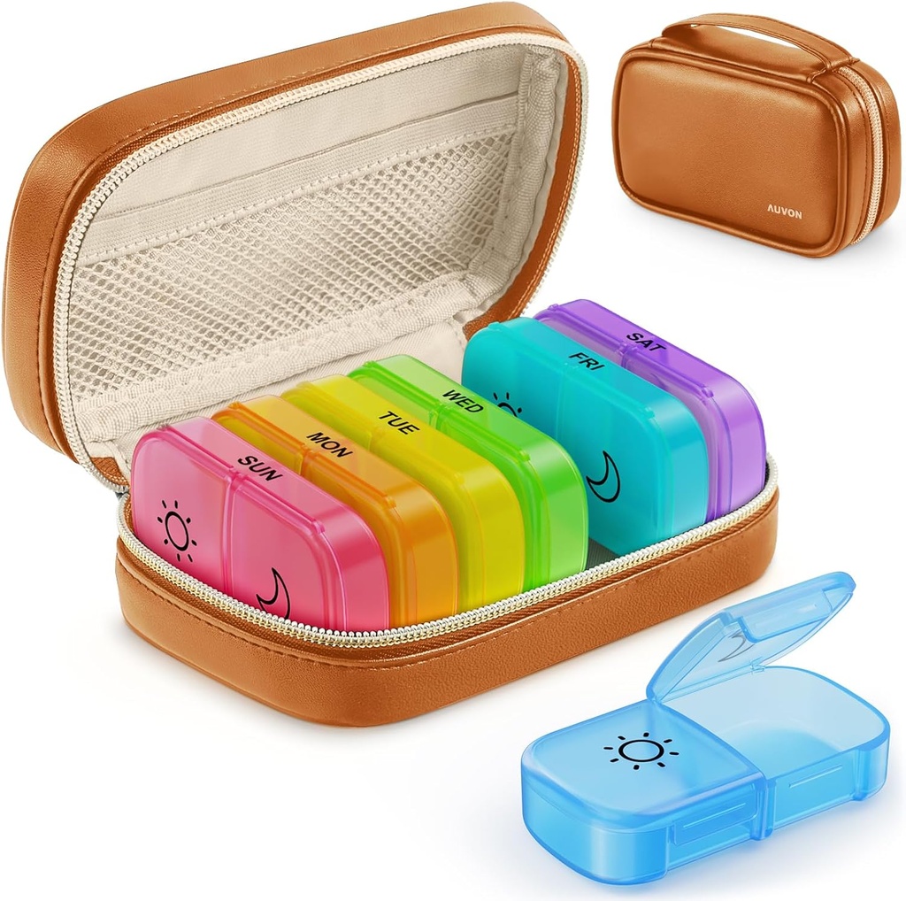 AUVONウィークリーピルオーガナイザー2 PUレザーバッグで一日を回し、AM PM Pill Box 7 Day with One-Side Large Opening Design for Easy Filling、ビタミン、薬効、サプリメント
