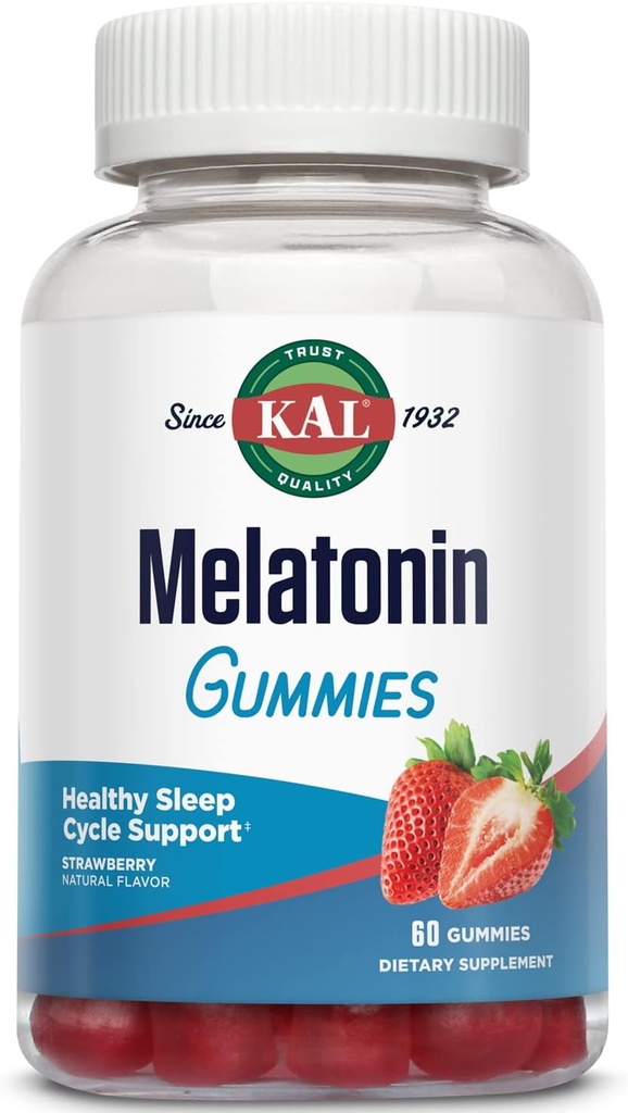 KAL Melatoninのグミー、Melatonin 5mgの睡眠の援助、健康な弛緩、睡眠の持続期間、質およびカルムネス サポート方式、ベジタリアン、グルテンフリー、自然ないちごの味、30のサービング、60のガミー