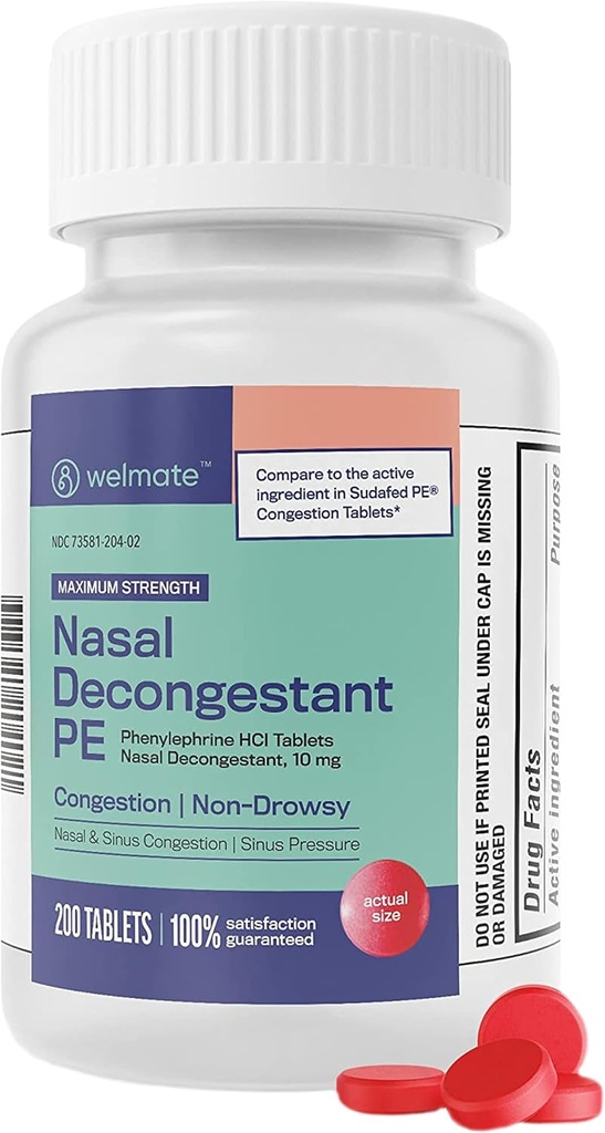 WELMATE - 鼻のDecongestant PE - Phenylephrine HCl 10 mg - 最大強度 - シナス救済 - 風邪&アレルギー - 非眠気 - 抗ヒスタミン - 痛みの軽減 - 大人のためのDecongestants - 200錠