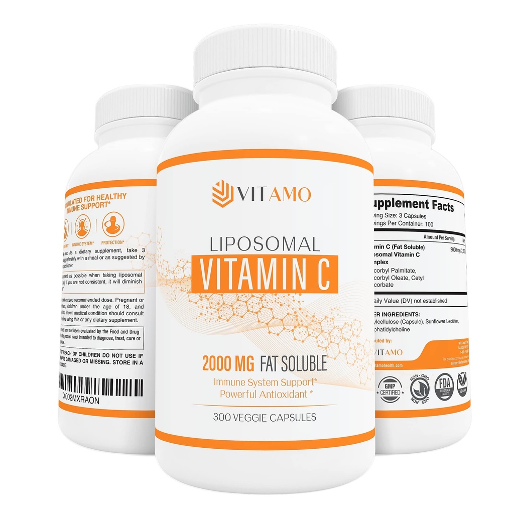 リポソームビタミンC 2000mg | 優れた配送システム | 300カプセル免疫サポート&コラーゲンブースター | 高吸収アスコルビン酸、高用量ビタミンC、ゼロ大豆、100%非GMO