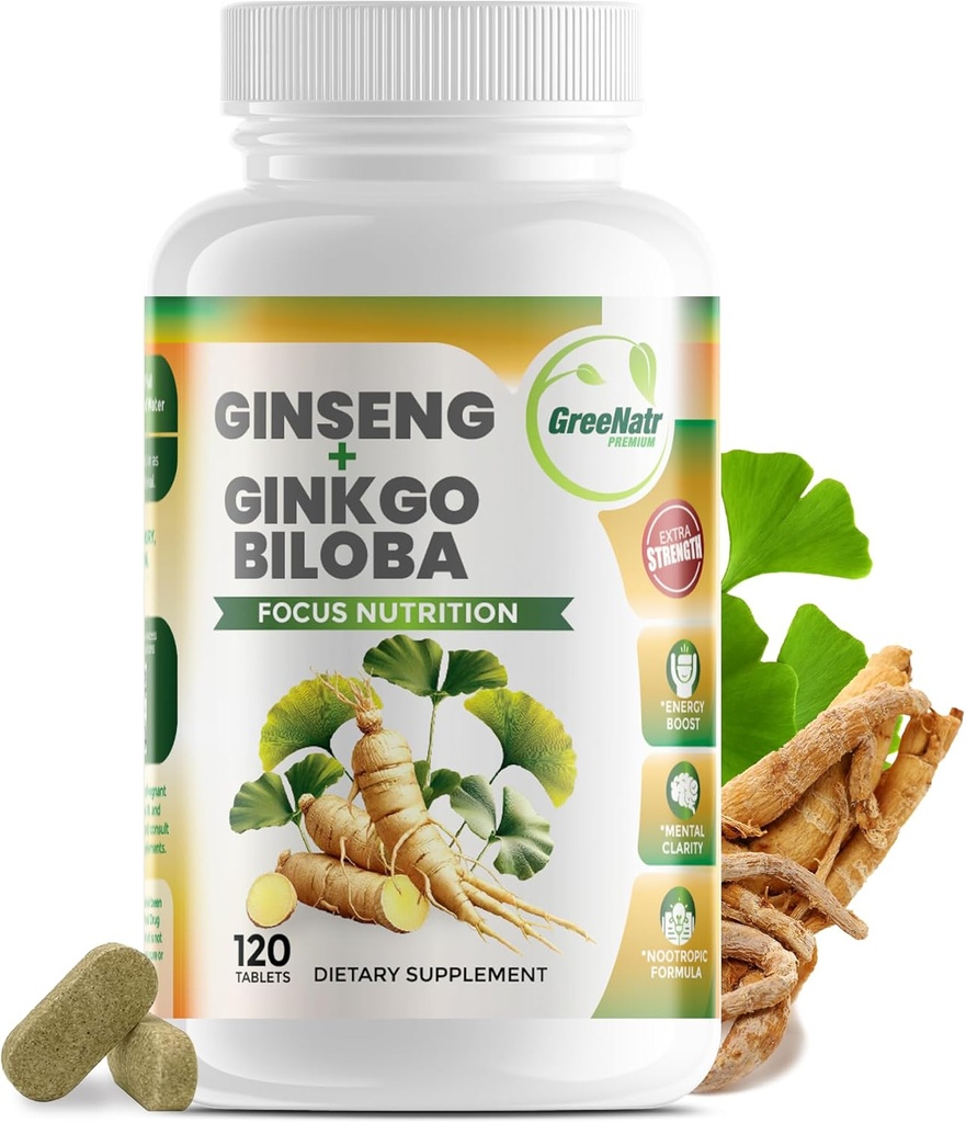 GreeNatr Ginko Biloba&Panax Ginsengサプリメント - 記憶と焦点のための赤いGinseng脳サプリメント - Ginkgo Bilobaは、良好なビジョン、免疫システム、および改善された血流のためのサプリメント - 120錠