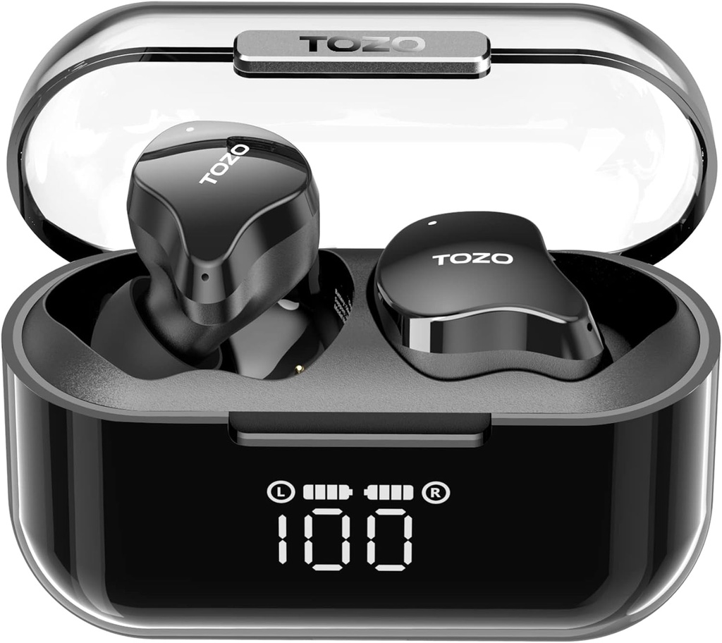 TOZO T18の無線Earbuds Bluetoothのヘッドフォン5.3、IPX8は耳の芽を、LEDのデジタル表示充満場合が付いている4つのMic明確な呼出しのロング プレイタイム、ステレオの低音はAPPによってEQをカスタマイズしました