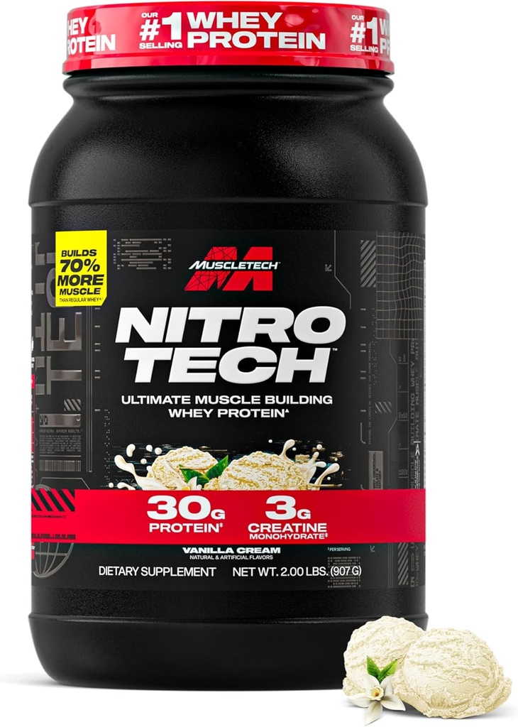 マッスルテックWheyプロテインパウダー(Vanilla Cream、2.2 Pound) - ウィープロテインアイソレートとNitro-Tech Ultimate Muscle Buildingフォーミュラ - タンパク質の30g、クレアチンの3g、BCAAの6.8g - 包装May Vary