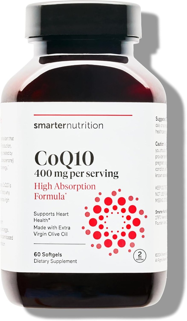 SMARTERNUTRITION CoQ10 400のmgの高吸収 - 自然に発酵させたUbiquinone w/Organicの風邪-心の健康、細胞エネルギー-非GMO、グルテンフリー- 60の計算[30日の供給]のためのオリーブオイル-