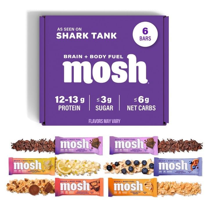 MOSHバラエティパック Ketoプロテインバー、ハイファイ、低炭水化物、グルテンフリー、ハイプロテイン、アシュワガンダ、ライオンズマネ、6カウントの脳ヘルシースナック