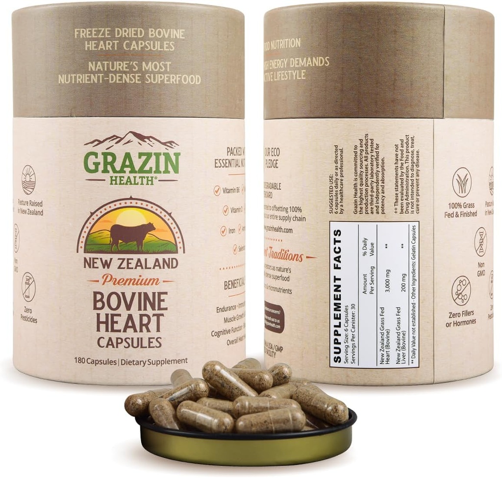 Grass-Fed Freeze-Dried Bovine Heart & Liver Capsules 3000 mg per Serving | CoQ10, Iron, Zinc & B12 Supplement for Natural Heart, Energy, and Immune Support