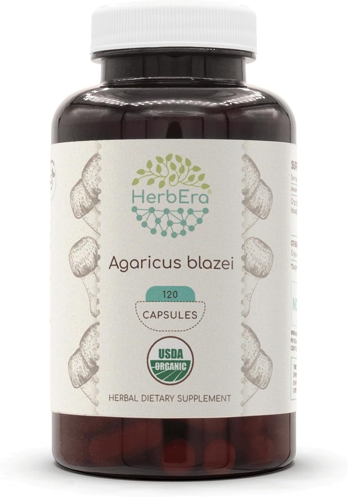 HerbEra Agaricus Blazei USDA Organic 120カプセル | 天然ハーブサプリメント | 認定有機ベジタリアンカプセルと有機アガリクス・ブラゼイ(Agaricus blazei murill) 乾燥マッシュルーム(120カプセル)