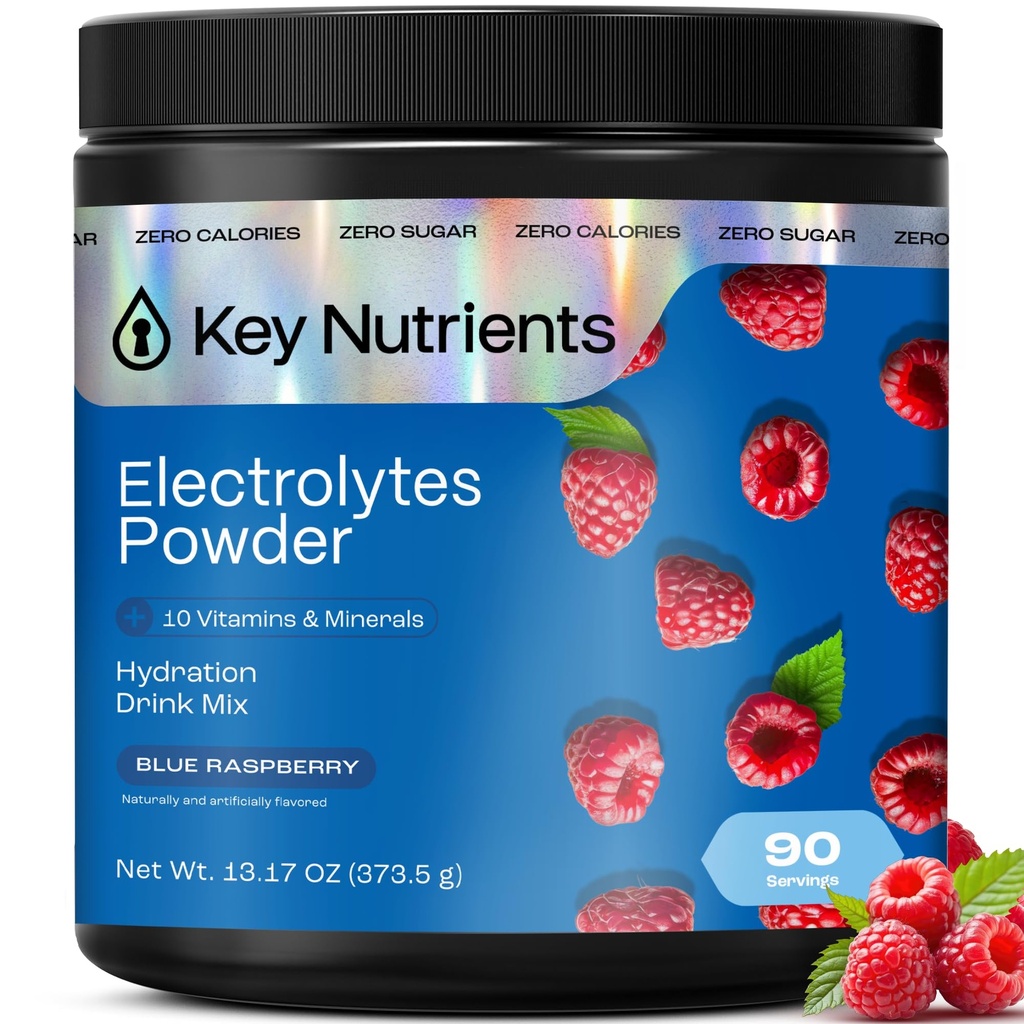 KEY NUTRIENTSのマルチビタミンの電解質の粉砂糖無し-甘い青いラズベリーの電解質の粉-持久力及びエネルギー補足-Hydrationの粉-カロリー無し- 90のサービング-米国製