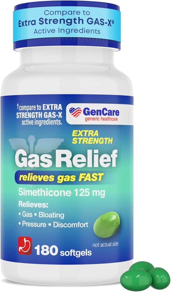 GenCare -余分な強さのガスの救助のシメチコン125mg (180のSoftgels)の膨脹の救助、圧力及び不快感のための最高の強さの反ガスの丸薬 - 一般的な余分な強さのガスXと比較して下さい