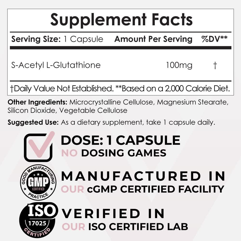 S-Acetyl L-Glutathione カプセル | 100mg | 180 カウント | 高バイオアビリシティグルタチオン | ノトropics ターミナル