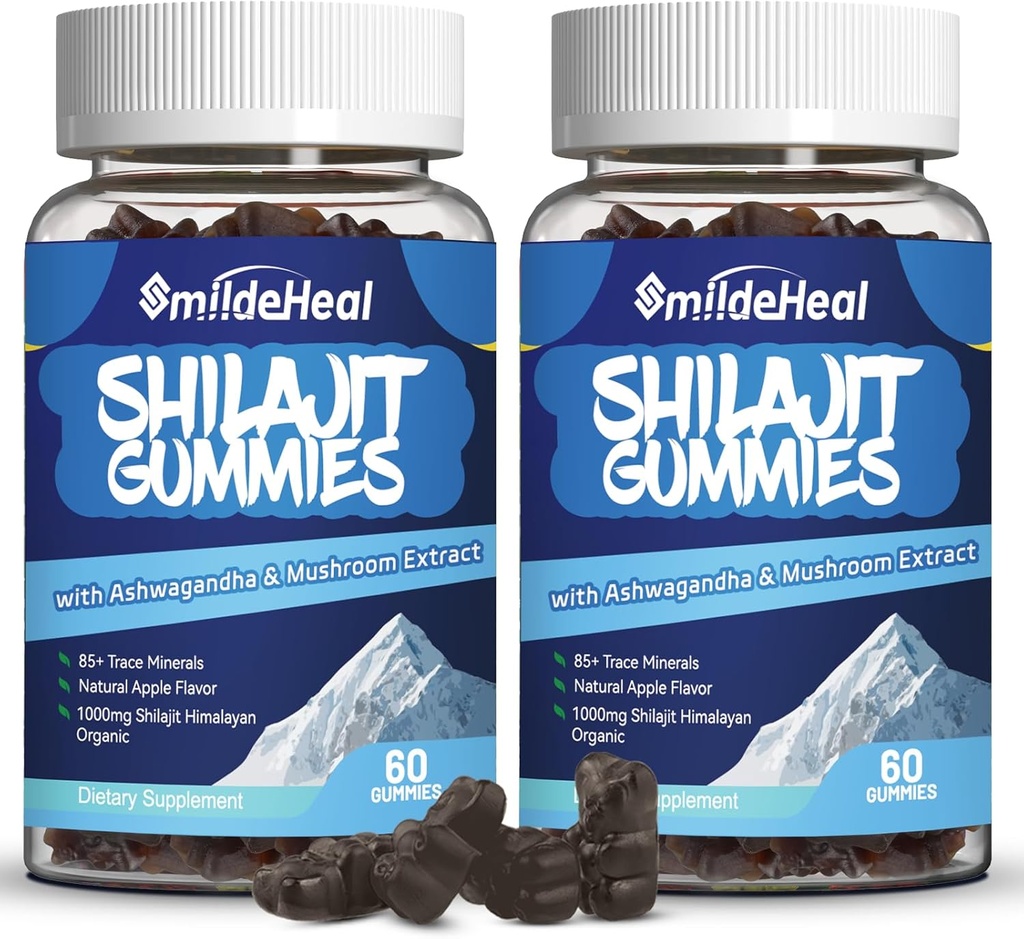 シラジット・グミ1000 MG、有機シラジットの補足、アシュワガンダ、マッシュルーム - エネルギー、脳、免疫サポート、男性と女性のための - 120 カウント