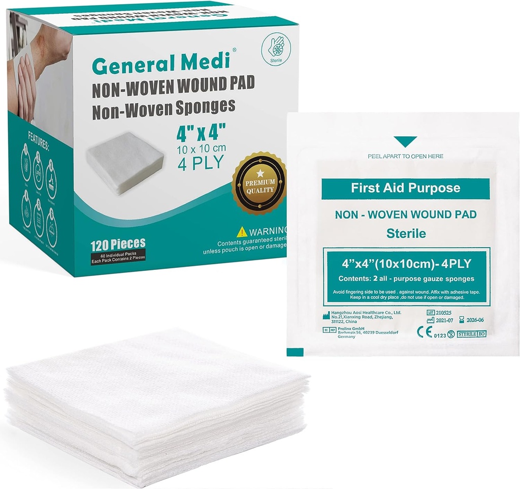 General Medi Sterile Gauze Sponges, 4" x 4" Non-Woven Wound Pads - Individually Wrapped Highly Absorbent Sponges Pads for Cushioning Minor Wounds, Cuts & Burns Wound Care (60 Packs, 120 Pieces Total)