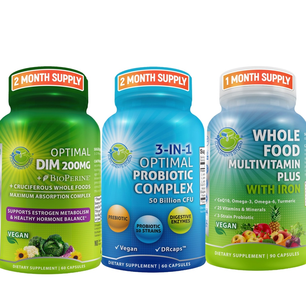 ホルモンバランス & 消化の健康トリオ – バイオパインと DIM 200 mg & クルーシブ野菜 + 3-in-1 プレバイオティクスと酵素とプロバイオティクス + 鉄と全体の食品マルチビタミン – ビーガンウェルネスサポート