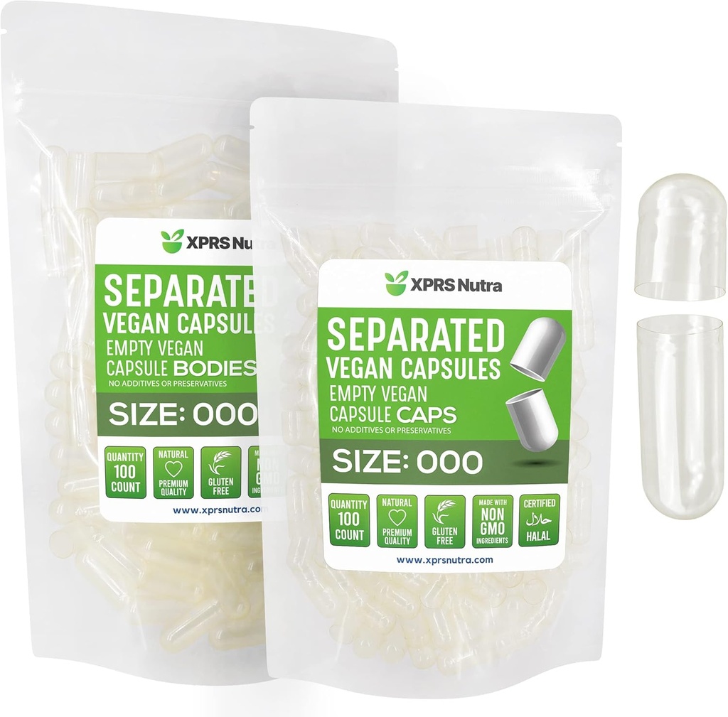 XPRS Nutra Vegan Size 000 Separated Capsules- 100 Count Premium Empty Caps Separated in Bags - Clear Empty Capsules - 000 Pills for DIY Supplement Filling