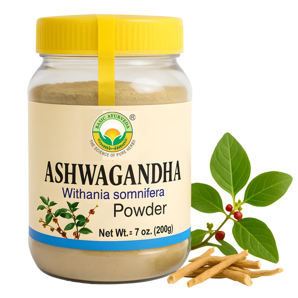 BASIC AYURVEDA Ashwagandhaパウダー | サポート強度 | ストレス軽減ハーブサプリメント | 免疫 | 添加剤なし | スムージー、シェイクス、ウェルネスの適応性スーパーフード | 7.05 Oz (200 gm)