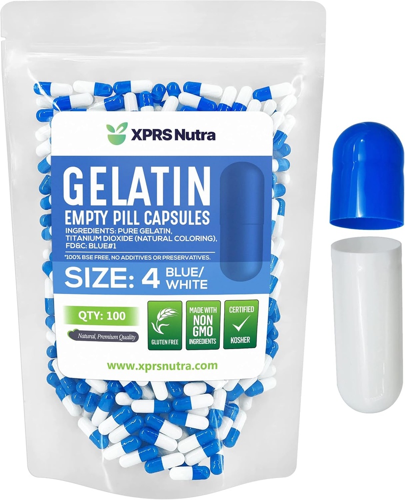 XPRS Nutraのサイズ4の空のカプセル-100の計算の小さい空のゼラチンのカプセル-Pills DIYのカプセルの詰物- Do-It-Yourselfの補足のための満たされた純粋な牛の丸薬のゲルの帽子(青/白)
