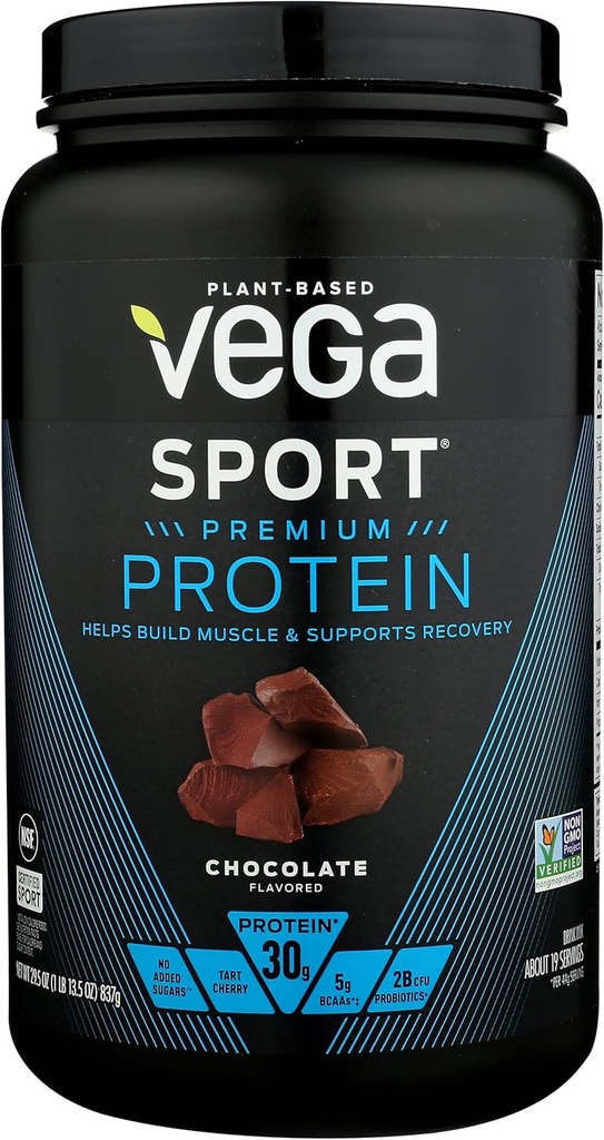 Vegaスポーツプレミアムプロテインパウダー、チョコレート、ビーガン、30g植物ベースのタンパク質、5g BCAAs、低炭水化物、砂糖、ケト、乳製品無料、グルテンフリー&非GMO、女性と男性のためのエンドウ豆タンパク質、29.5 Oz