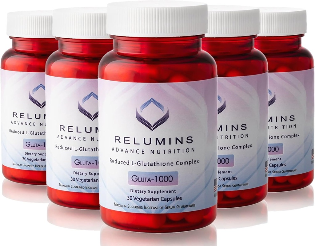 ReluminsのAdvanceの栄養のGluta 1000 -減らされたL-Glutathione、アルファLipoicの酸及びローズHIPSの米国でなされる皮及び全面的なウェルネスのための酸化防止サポート- 30のカプセルX 5のびん(75日の供給)