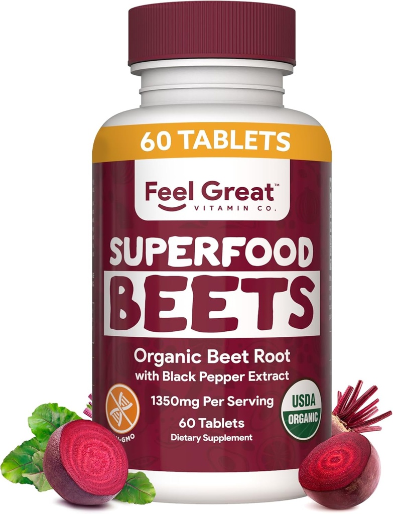 Feel Great Vitamins Organic Beet Root Powder Supplements (Tablets) | Beets Nitric Oxide Supplement | Red Beet Powder Support Healthy Circulation with Natural Nitrates for Natural Energy*