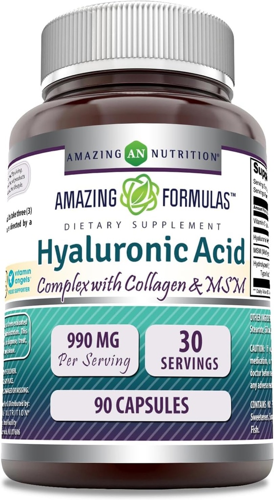 Amazing Formulas Hyaluronic Acid Super Complex with MSM, Collagen Type I & III, and Vitamin C | 990 Mg | 90 Capsules Supplement | Non-GMO | Gluten Free | Made in USA
