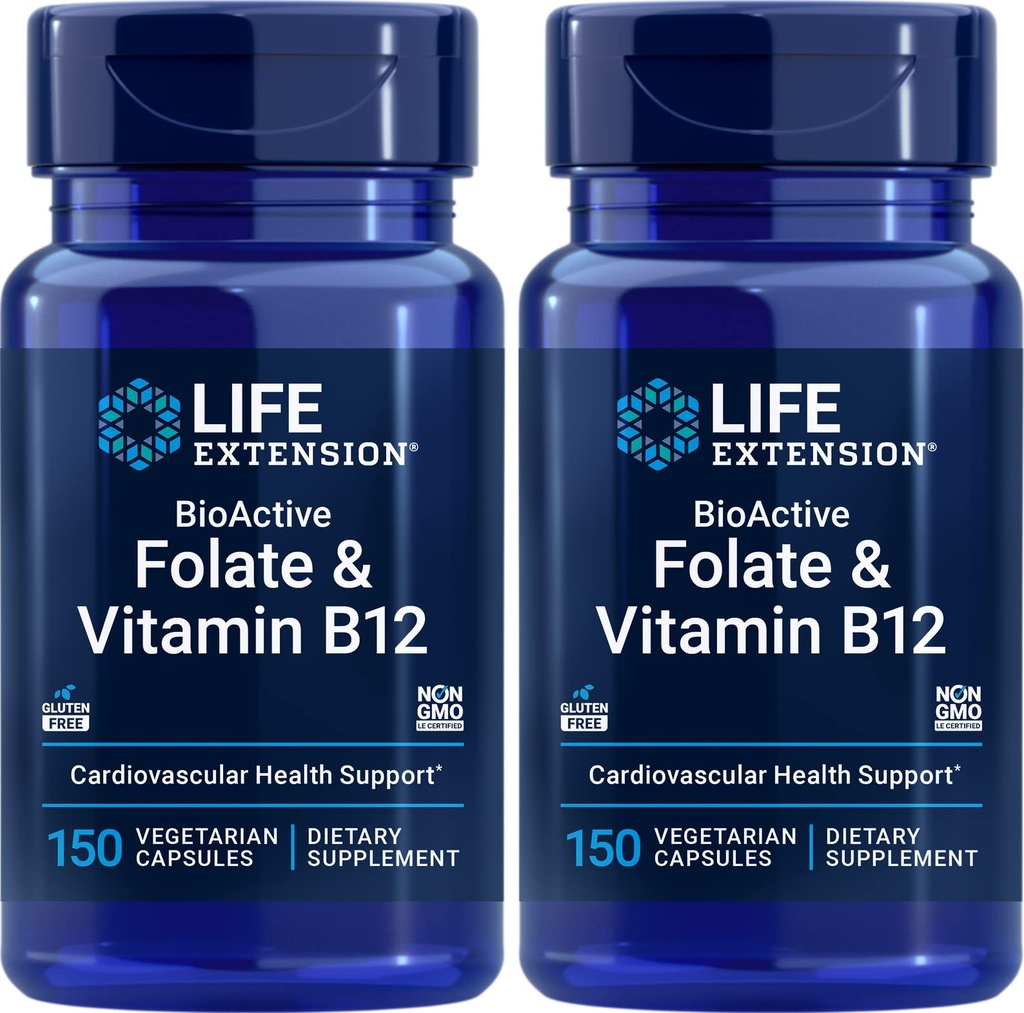 ライフエクステンションBioActive Folate&ビタミンB12、150ベジタリアンカプセル(2)、非GMO、グルテンフリー