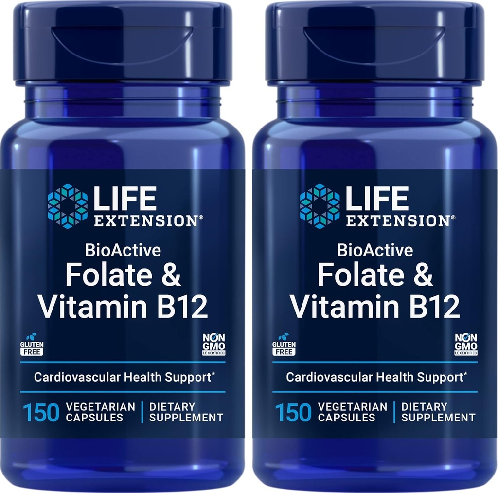 Life Extension BioActive Folate & Vitamin B12, 150 Vegetarian Capsules (Pack of 2), Non GMO, Gluten Free