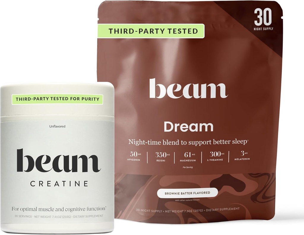 Beam Dream Sleep Powder & Creatine Bundle, Third Party Tested Natural Sleep Aid & Recovery Supplement with Micronized Creatine Monohydrate, Unflavored Pure Creatine Powder for Muscle Strength, Energy