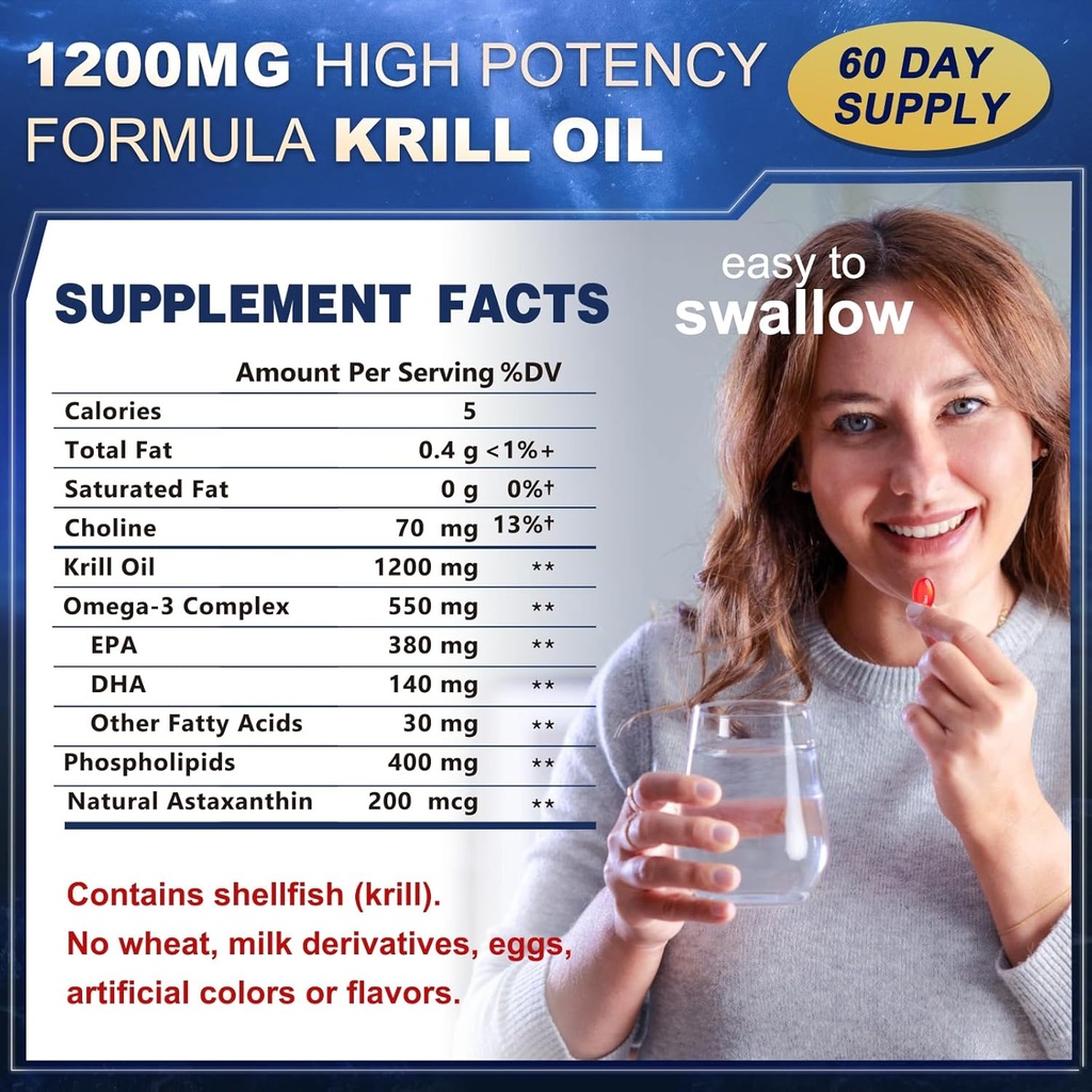 Krillオイル1200 mg Omega 3の補足、高い吸収EPA、DHA、Astaxanthin及びPhospholipidsのKrillオイルOmega 3、サポート中心及び接合箇所の健康、Fishy Aftertaste無し- 120 Softgels (60のサービング)