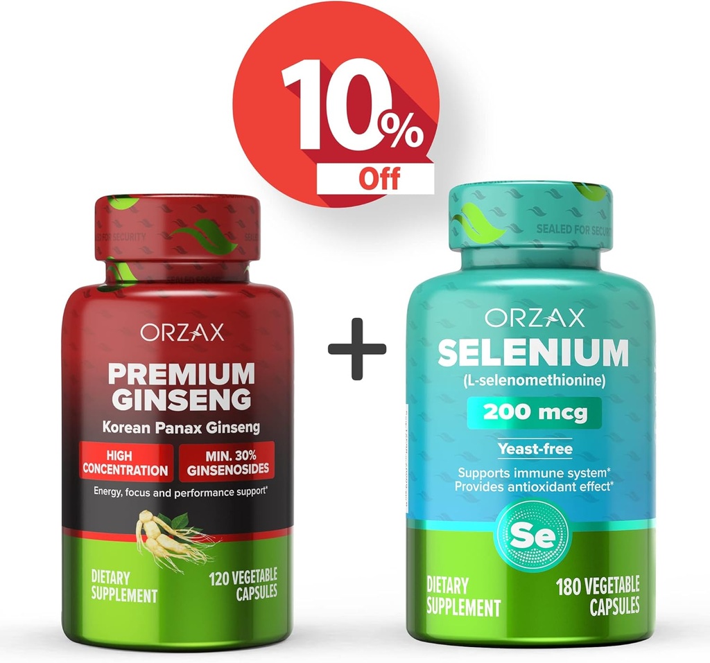ORZAX Premium Ginseng 120 ベガタブルカプセルとセレン 200 Mg 180 ベガタブルカプセル、バンドル