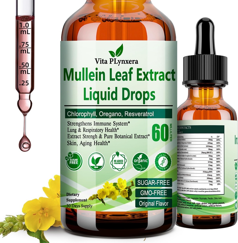 肺のためのMulleinの低下、Lung Detoxのための有機のMulleinの葉のエキスw。ChlorophyllのElderberry OreganoオイルのResveratrol Mulleinのチンチレン アルコールは、元の味、2つのf Fl/Oz放します