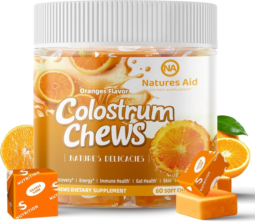 Colostrum ChewsはGut Health、Bloating、免疫サポート、スキン、毛の成長および美のためのprobioticsと補います - オレンジ味(60のサービング)