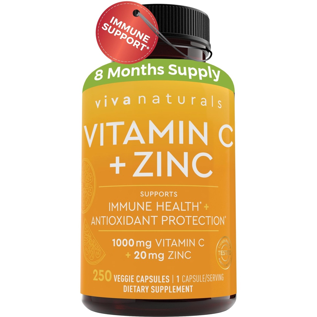 VivaナチュラルビタミンCと亜鉛サプリメント1000mg - 亜鉛20mg(250ベジギーカプセル) - 免疫サポートのための亜鉛と高機能&ビタミンC - 非GMO、グルテンフリー(8ヶ月の供給)