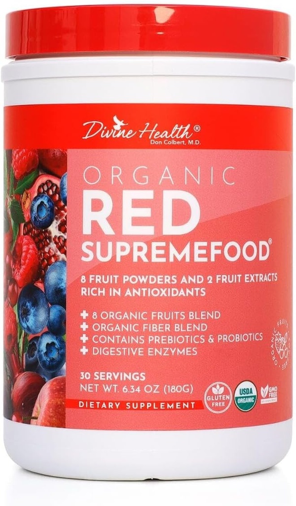 Divine Health Organic Red Supremefood® | 10 オーガニックフルーツ + プロバイオティクス、酵素、ハーブ、繊維、抗酸化剤 | 非GMO ベリー風味のブレンド | (180g)