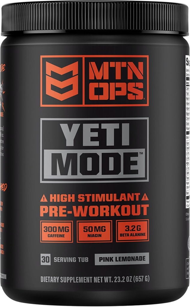 MTN OPS Yetiモードプレワークアウトパウダー - 300mgカフェイン、クレアチンモノハイドレート、ベータアラニン、45mg Niacin - ピンクのLemonade味30のサービングチューブ