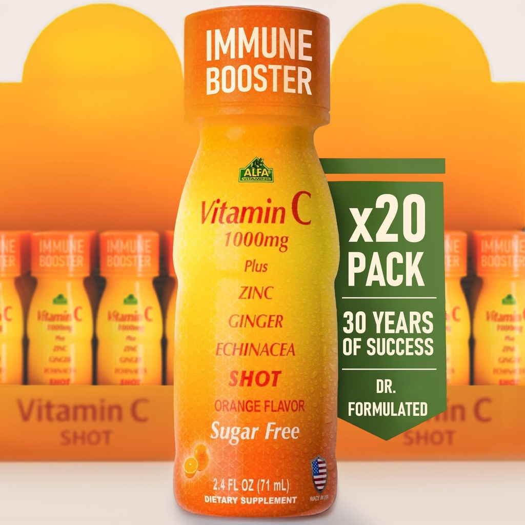 ビタミンCショット1000MG - 亜鉛、ジンジャー、およびEchinaceaの免疫ブースター - あなたの免疫を保護します - 一般的な風邪を戦う - オレンジ色の味 - 2.4 FL Ozボトル - 20パック