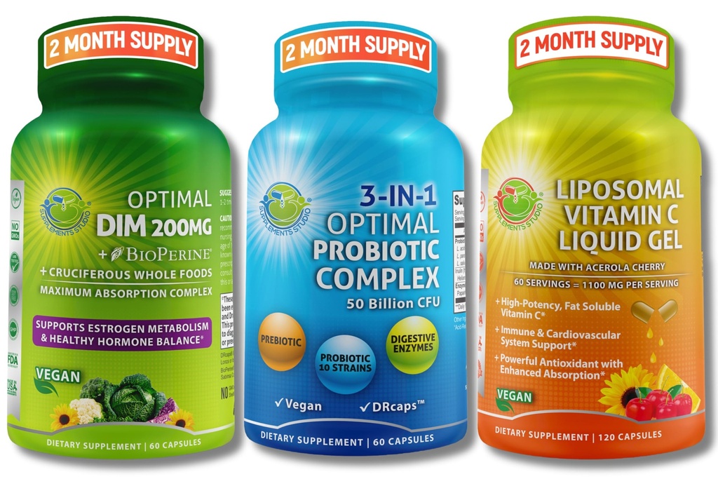 ホルモン、消化及び免疫サポート バンドル - BioPerine® 及び Cruciferous の全食糧が付いている DIM 200mg + 完全菜食主義者の 3in-1 のプロバイオティック 50 の鋼片 CFU + Acerola チェリーが付いている Liposomal のビタミン C 1100mg - フィラー無し