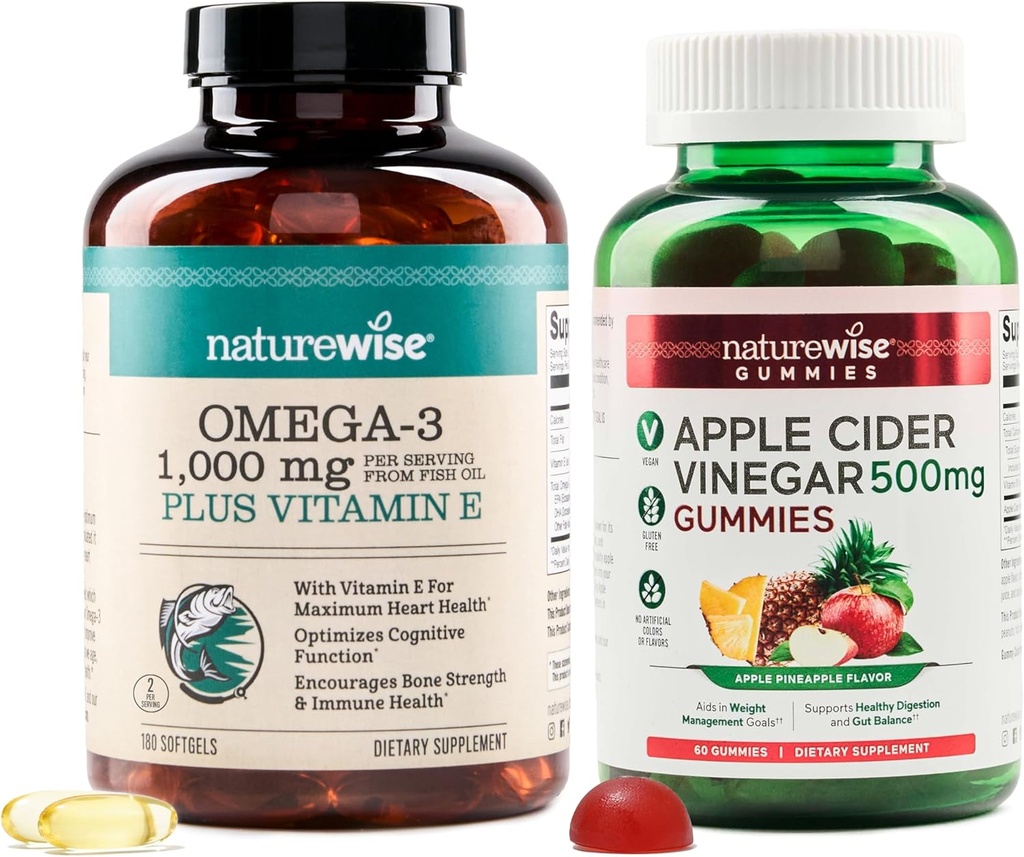 NatureWise Omega-3 Fish Oil 1000mg with E 180-Count + Apple Cider Vinegar Gummies 500mg with B12、60-Count(Vegan Gummy) - ハート、目、消化の健康 - グルテンフリー、大豆フリー、非GMO