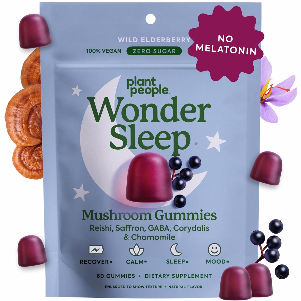 植物の人々は睡眠のためのWonderSleepのきのこのグミーの補足、Reishiの極度のきのこのマッシュルーム、野生のエルダーベリーの味、砂糖なし(60の計算)が付いているMelatonin無しを補います