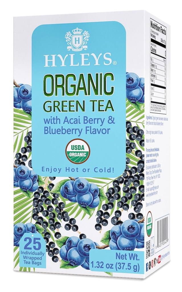 Hyleys Organic Green Tea Acai Berry and Blueberry Flavor - 25 Tea Bags - (6 Pack - 150 Tea Bags Total)