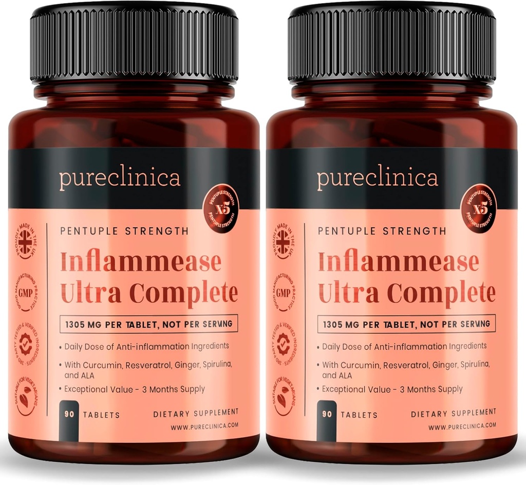 Pureclinica Inflammease Ultra Complete(Resveratrol、ジンジャー、ALA、Spirulina、Curcumin- 5は1つのサプリメント) 1305mg x 180錠 - 90錠の2ボトル - 6ヶ月の供給!