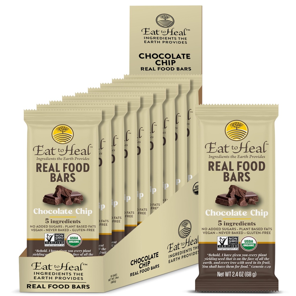 EatToHealチョコレートチップ本物のフードバー - オーガニックビーガンヘルシーグルテンフリープロテインバー - 低砂糖ミールの交換バー、非GMO、決して焼く、植物ベースの - 楽しむために作られた - シェルフに座っていない